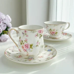 Vintage Britisches Blumenmuster Kaffeetassen- und Untertassenset Europäisches Nachmittagstee-Set mit Goldrand Luxuriöse Keramiktasse