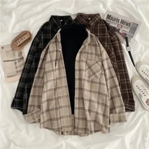 Vintage Plaid Shirts Frauen Herbst Langarm Oversize Button Up Hemd Koreanische Mode Casual Herbst Outwear Tops Blusas Mujer