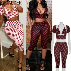 FAGADOER Sexy Damen 3-teiliges Set Outfit mit Polka-Dot-Print, Patchwork, kurzärmeligem Crop-Top und passender Hose, weibliche Streetwear, neu