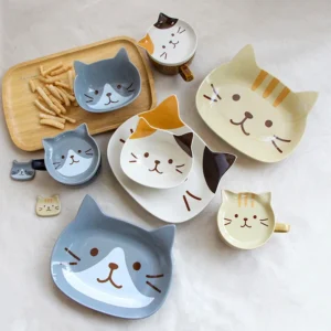 Japanese Style Cute Cat Kids Dinner Plate Cartoon Ceramic Bowls Breakfast Snack Tray Children's Bowl for Food