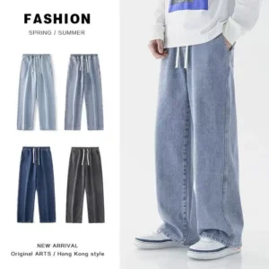 2026 Spring/summer New Men Solid Color Drawstring Pocket Jeans Straight Tube Loose and Fashionable Sports Casual Wide Leg Pants