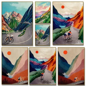 Kunstposter mit Fahrradfahrerpaar, Berglandschaft-Illustration, Leinwanddruck, Wandbild für Wohnzimmer und Heimdekoration