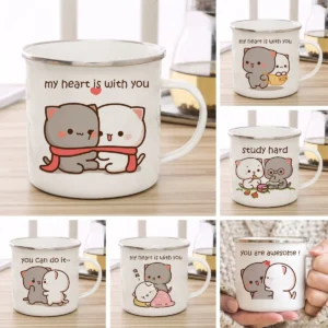 Neue Pfirsich und Goma Katze Emaille Tasse Kaffee Tee Becher süßes Tier Frühstück Dessert Milch Wasser Tasse Paar Geschenk