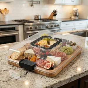 Tragbares Holz-Charcuterie-Brett Quadratisch mit Transparentem Acryldeckel Käseplatte Langlebige Keks- und Snackplatte für Camping