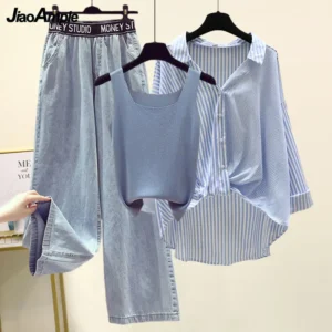 Frauen Frühling Sommer Neue Gestreifte Shirts Weste Hohe Taille Breite bein Jeans Drei-stück Koreanische Elegante Strickjacke Denim hosen Anzug