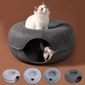 Katzen-Donut Schlaf- und Interaktions-Tunnel, Rundes Kleines Katzenbett aus Filz, Kratzspielzeug für Kätzchen und Katzen