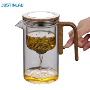 JUSTINLAU Wassertrennung Innenbehälter Teekanne One Click Magnetschalter Teetrennung Filtration Glas Teekanne Holzgriff