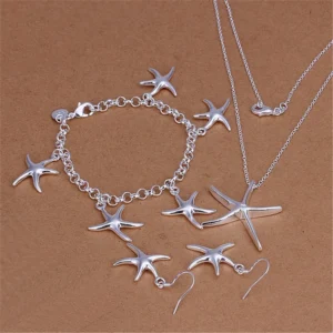 925er Sterlingsilber, hübscher, feiner Seestern-Anhänger, Armband, Halskette, Ohrring, Schmuckset für Damen, Mode, Party, Geschenk