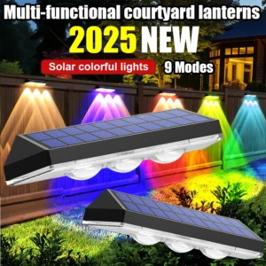 Solar-Zaunleuchten, Weg-Stufenleuchten, Außenwandleuchten, wasserdichte Dekorlampe für Garten, Veranda, RGB und warmweiße LED-Solar