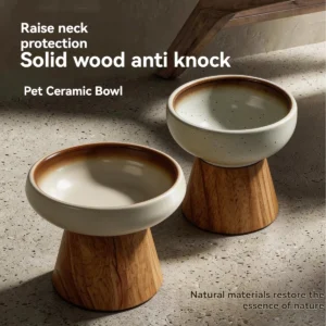 Ceramic Elevated Cat Bowl with Solid Wood Base, Neck Protect Anti-knock Feeding Dish, Retro Style Pet Food Water Bowl for Indoor