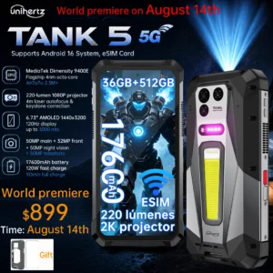 Unihertz 8849 TANK 5 Rugged Smartphone - World's First 2K Projector 9400e CPU 3K AMOLED 18GB+1TB 17600mAh Support eSIM WiFi 7