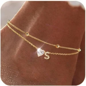 Wasserdichte CZ-Fußkettchen für Damen, 14K vergoldet, mit CZ-Initialen, zierliche, geschichtete Herz-Fußkettchen, Fußkette, Sommer-Strandschmuck