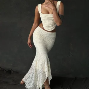Gtpdpllt elegante Spitze zweiteiliges Set Frauen unregelmäßigen langen Rock und Korsett Top Französisch Stil Bodycon Kleid passende Sets