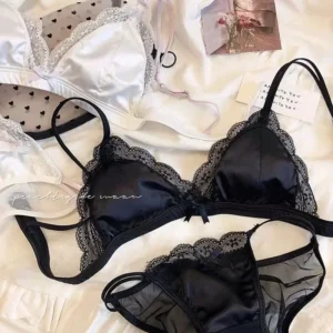 Französisches, ultradünnes, sexy, atmungsaktives Sommer-BH-Set aus Spitze aus Satin für Mädchen