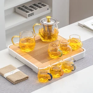 1 Set, Teekanne mit Diamantmuster aus Glas, herausnehmbarer Teefilter aus Edelstahl, Teekanne und 6-Tassen-Teetablett-Set, Kung-Fu-Tee-Set