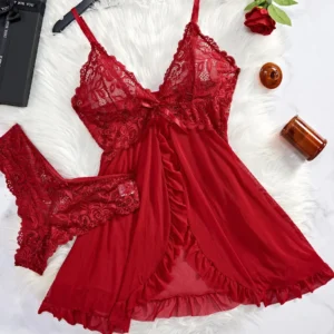 2-teiliges Spitzen-Nachthemd für Damen, tiefer V-Ausschnitt, BH, Höschen-Set, transparente Unterwäsche, solide, schlanke, weiche, geteilte Nachthemd, sexy Dessous-Sets