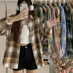 Kariertes Hemd Frauen Mode Herbst Langarm Top Weibliche Vintage Einreiher Bluse Damen Adrette Lose Überprüfen Shirts