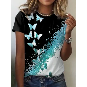 2024 neue Oansatz 3d Schmetterling Print T Shirt frauen T-shirt Sommer Mode Kurzarm Tops Übergroßen Sommer Top Weibliche Kleidung