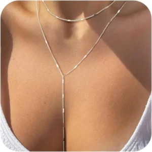 Halskette mit Y-förmigem Anhänger aus 14 Karat vergoldetem Edelstahl/Silber für Damen, trendige mehrlagige Halsketten mit Hammerperlen, Geschenk