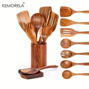 9-teilige Holzlöffel zum Kochen, Holzutensilien zum Kochen mit Utensilienhalter, Teakholz-Küchenutensilien-Set