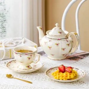 Französisches Vintage-Keramik-Teeservice, Teekanne & Tassen mit Untertassen in Goldverzierung, königliches Nachmittagstee-Set, Kaffeeservice, elegantes Geschenk