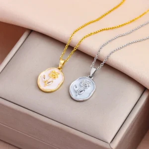 Top Luxus 18K Gold Überzogene Elegante Retro Oval Rose Anhänger Halsketten Für Frauen Weibliche Edelstahl Hals Kette Schmuck geschenk