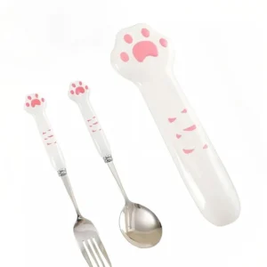 Niedliches Katzenpfoten-Besteck-Set, tragbares Besteck, Edelstahl, Reisegabel, Löffel mit Aufbewahrungsbox, Mittagessen, Bento-Zubehör