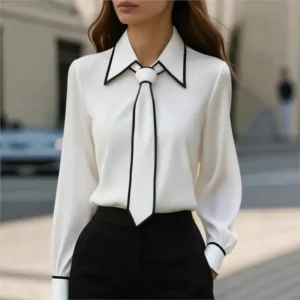 Damenbluse, modisches Hemd, formelle Fliege, langärmelig, kontrastierender Besatz, Oberteile, schmal geschnittene Arbeitskleidung, elegante Büro-Damenhemden für Damen