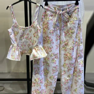 Damen-Hosenset mit Rüschen, Blumenmuster, ärmellosem Oberteil mit geraffter Taille, gerader Hose mit Schnürung, lockerer Frühlingsanzug für Damen