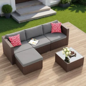 Outdoor Patio Furniture Set 5 Piece All Weather Wicker Sectional Sofa with Cushions and Glass Table Grey