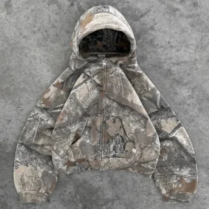 Y2K Retro Zip Up Hoodie Men Camouflage Pattern Zipper Sweatshirt High Street Hip Hop Streetwear Oversized Unisex Camo Hoodie