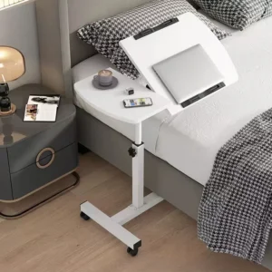 Bedside Desk, Portable Laptop Desk with Drawers, 360 ° Rotating Board, Double Anti Slip Strips, Adjustable Height, Foldable