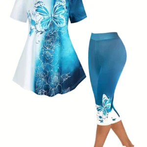 Plus Size Matching Sets Sommer weiblich große Größe blau Schmetterling Druck Farbe T-Shirt Kurzarm Print Hose lässig zweiteilig se