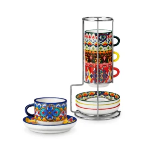 vancasso LUMI 3/5/9 OZ Bohemian Porzellan-Tassenset mit Untertassen und Metallständer, 4er-Set für Espresso, Cappuccino, Latte, Tee