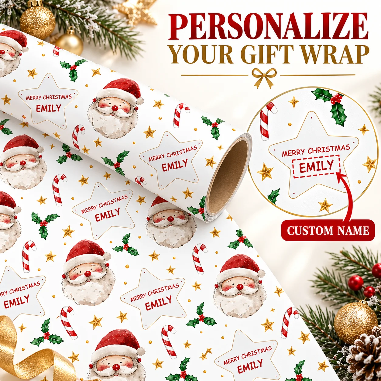 Personalisiertes Weihnachtspapier Mit Namen, Weihnachtsmann- Und Zuckerstangen-Druck, Individuelles Geschenkpapier Für Weihnachtsfeiern Und Geschenkverpackungen Personalisiertes Weihnachtspapier Mit Namen, Weihnachtsmann- Und Zuckerstangen-Druck, Individuelles Geschenkpapier Für Weihnachtsfeiern Und Geschenkverpackungen – Bild 2