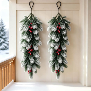 1/2 Stück Künstliche Weihnachtliche Tropfenförmige Girlande Schneeflockige Tanne mit Roten Beeren, Tür- und Wanddekoration für Weihnachten und Heimdekoration