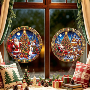 Runder Weihnachtsmann, Schneemann, Weihnachtsbaum, statischer Fensteraufkleber, Weihnachtsbaum, Schneelandschaft, Fensterdekoration, Weihnachtsdekoration
