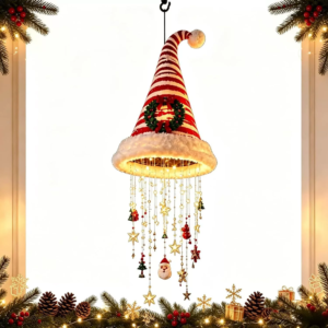 Weihnachtsmütze-Hängelampe, LED-Deckenleuchte in Form einer Weihnachtsmütze mit Stern, Glocke und Baumornament, Weihnachts- und Winterdekoration für Zuhause und Partys