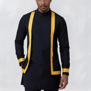Herren Muslimisches 2-teiliges Kurta-Hosen-Set mit Goldbandbesatz, Stehkragen, Afrikanisches Eid-Thobe-Outfit