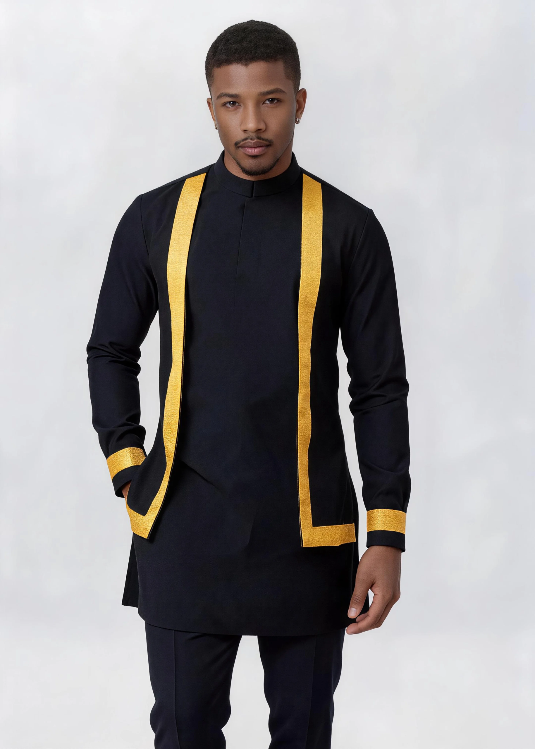 Herren Muslimisches 2-Teiliges Kurta-Hosen-Set Mit Goldbandbesatz, Stehkragen, Afrikanisches Eid-Thobe-Outfit Herren Muslimisches 2-Teiliges Kurta-Hosen-Set Mit Goldbandbesatz, Stehkragen, Afrikanisches Eid-Thobe-Outfit