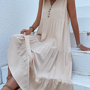 Lässig Sommer Midi Kleid Frauen ärmellose Tank V-Ausschnitt Knöpfe Rüschen lose Kleider Strand soild Sommerkleid Mode