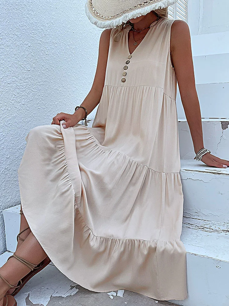 Lässig Sommer Midi Kleid Frauen Ärmellose Tank V-Ausschnitt Knöpfe Rüschen Lose Kleider Strand Soild Sommerkleid Mode Lässig Sommer Midi Kleid Frauen Ärmellose Tank V-Ausschnitt Knöpfe Rüschen Lose Kleider Strand Soild Sommerkleid Mode