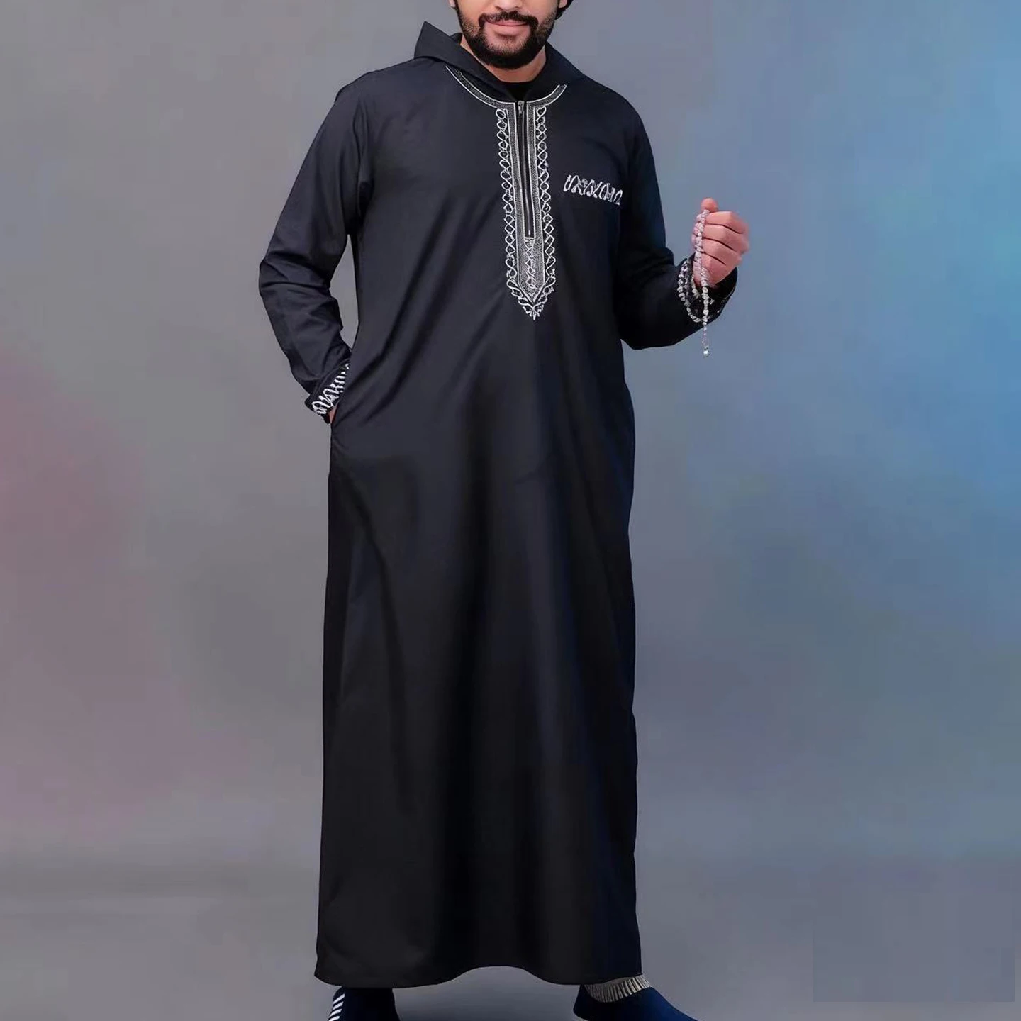 Muslim Men'S Thobe Moroccan Long Sleeves Embroidered Hooded Design Islamic Loose Man Robe Jelleba Traditional Clothing For Party Muslim Men'S Thobe Moroccan Long Sleeves Embroidered Hooded Design Islamic Loose Man Robe Jelleba Traditional Clothing For Party – Bild 2