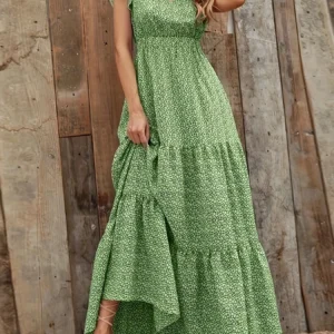 Sommerliches neues grünes Blumenkleid mit flatternden Ärmeln, V-Ausschnitt, tailliertem Schnitt, Urlaubsstil, eleganter langer Rock