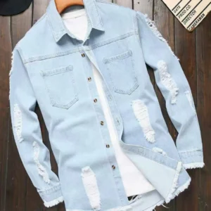 Hellblaues, zerrissenes Distressed Washed Denim-Langarmhemd für Herren für Frühling und Herbst