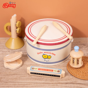 5pcs Musical Instrument Toys Set Wooden Percussion Drum Castanets Harmonica Music Toys Educational Montessori Toys for Kids Gift