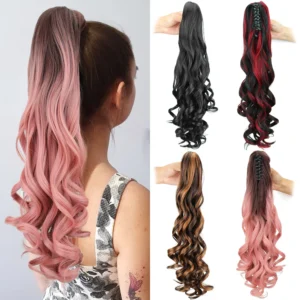 Synthetische braune rosa Pferdes chwanz Haar verlängerung 22 Zoll lange gewellte Pferdes chwanz Haar teile Klaue Clip Schachtel halm für Frauen Party täglichen Gebrauch