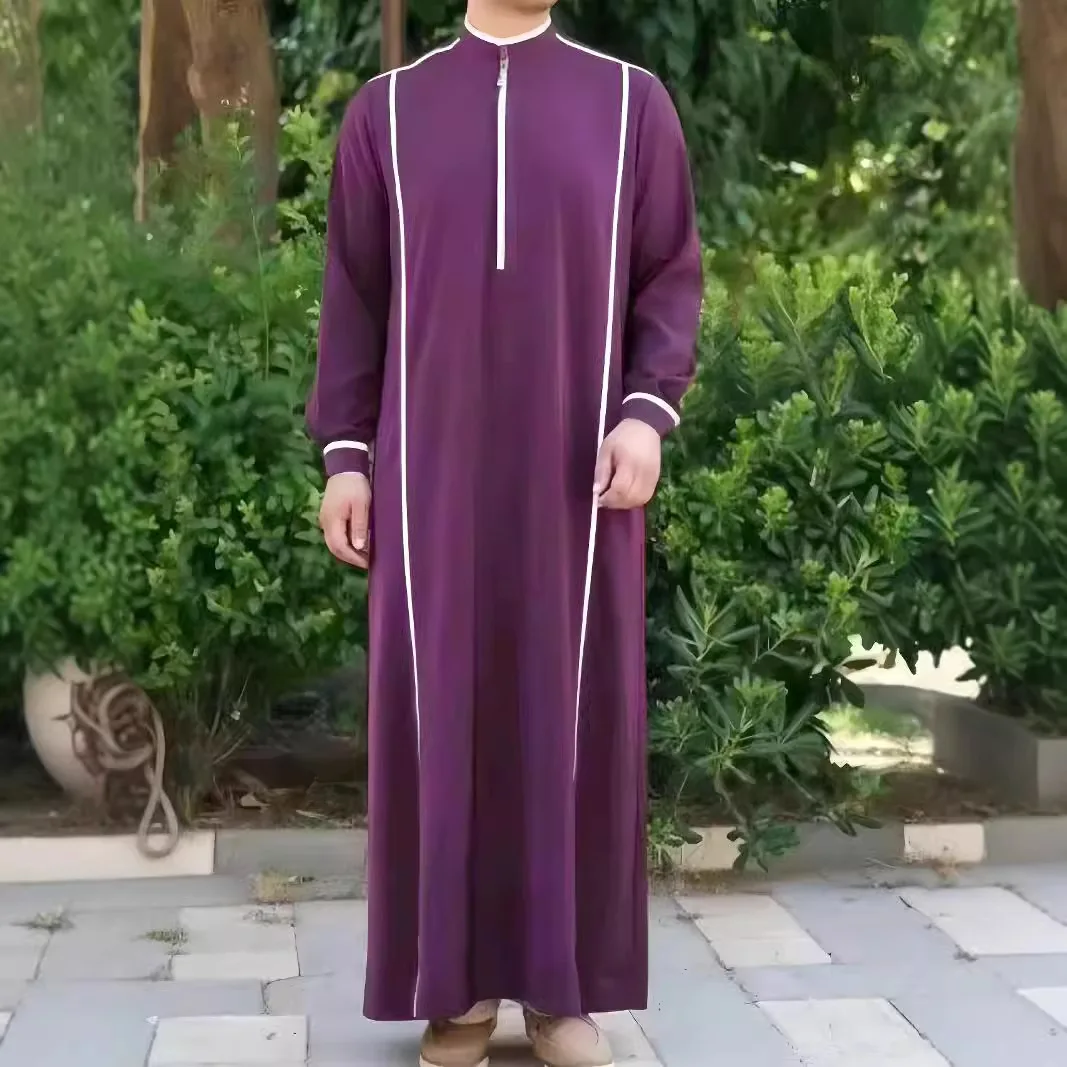 African Ethnic Style Casual Comfortable Muslim Robes, 100% Polyester Semi-High-Neck Patchwork Robes, Men'S Autumn And Winter African Ethnic Style Casual Comfortable Muslim Robes, 100% Polyester Semi-High-Neck Patchwork Robes, Men'S Autumn And Winter