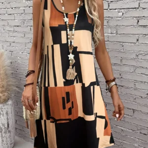 Ärmelloses Damenkleid mit geometrischem Muster für Frühling und Sommer für den Sommerurlaub, Kleider für Damen im Sommer, Bohemia-Midi-Kleider für Damen