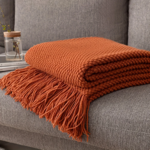 1pc Morandi Orange Tassel Knitted Blanket, Soft Warm Throw Blanket Nap Blanket for Couch Sofa Camping Travelling